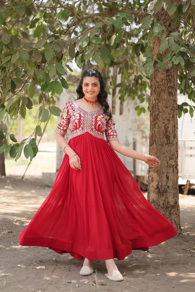 KA 1110 Red Faux Blooming Embroidery Designer Gown Wholesale Price